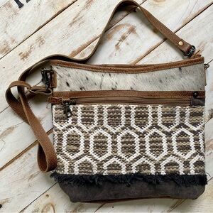 MYRA Bag boho chic Upcycled canvas & Leather crossbody tote cowhide cotton EUC